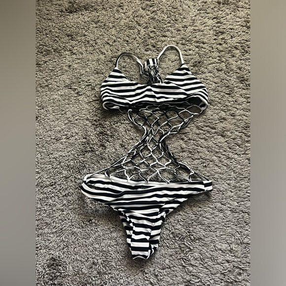 MIKOH Swimwear Xavier Crochet Back One Piece in Black/White Stripe - Picture 7 of 9